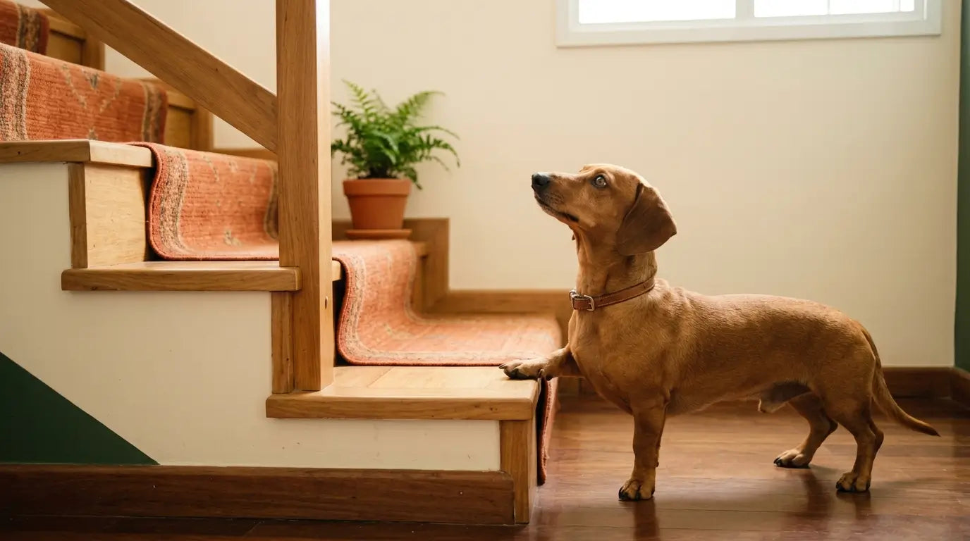 Dachshund caramelo hesita ao subir escada de madeira em casa iluminada