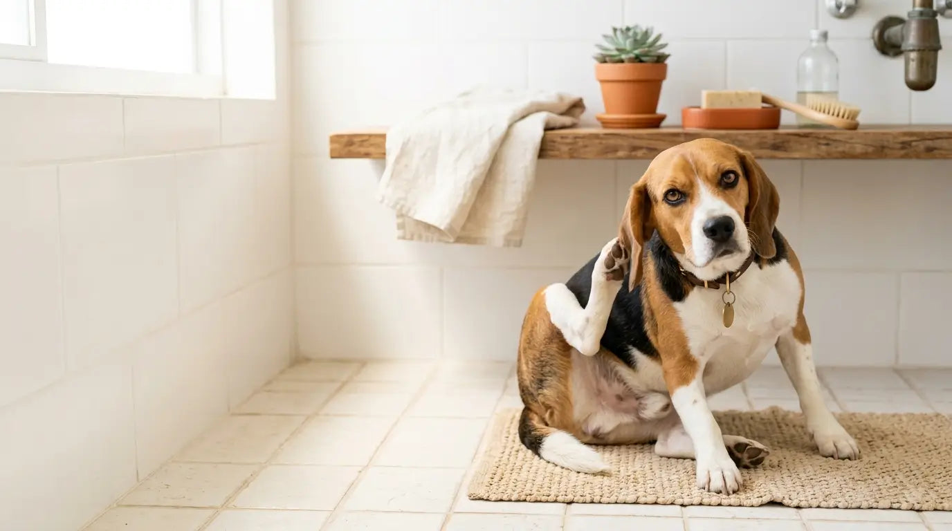 Cachorro se coçando a orelha em momento comum da rotina