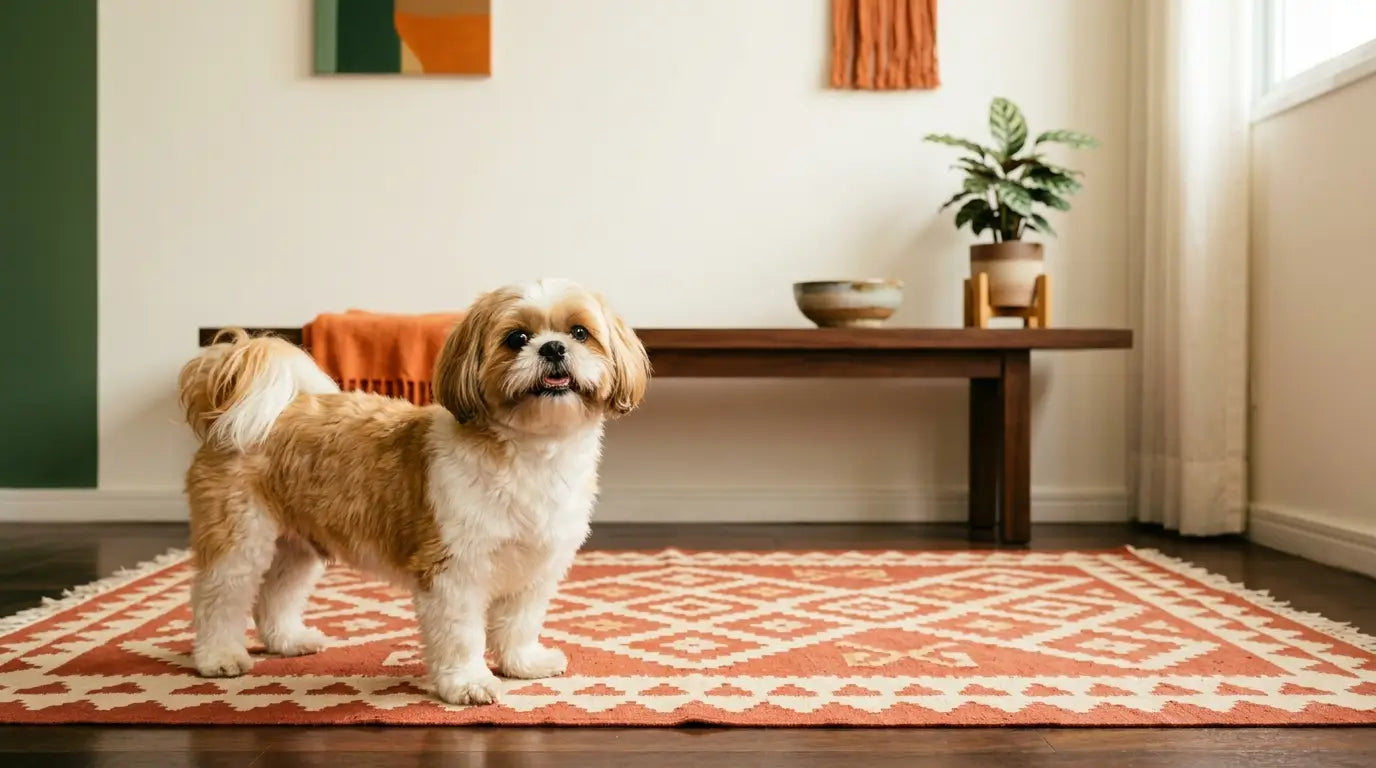 Shih Tzu de pelagem dourada e branca, saudável e brilhante, em sala de estar aconchegante