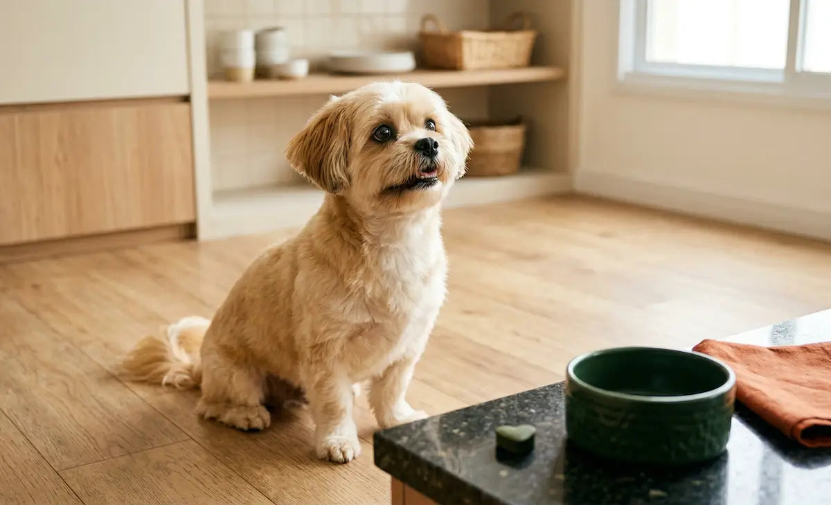 hasa Apso dourado e branco sentado em piso de madeira, suplemento em formato de coração desfocado no primeiro plano.