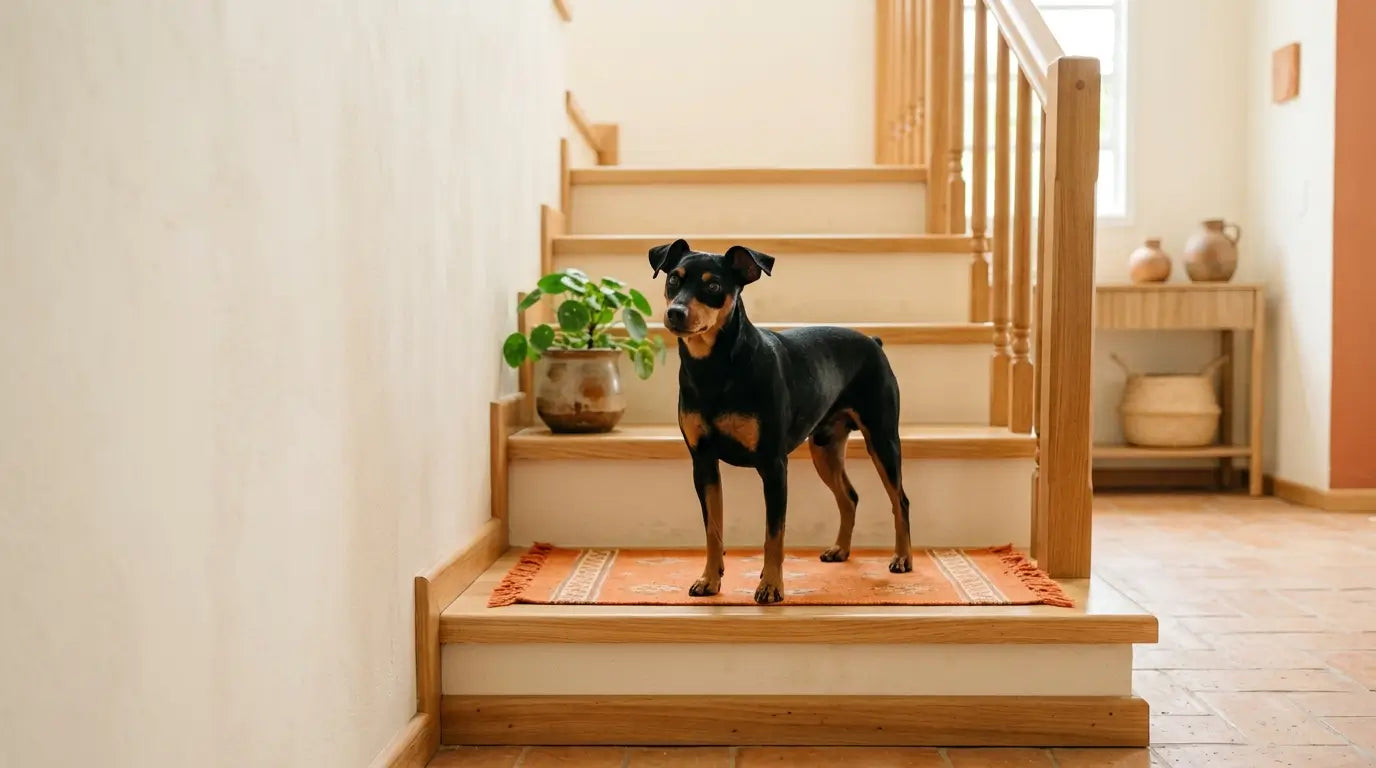Pinscher Miniatura faz pausa cautelosa antes de subir a escada de casa