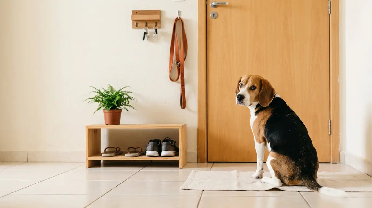 Beagle tricolor sentado no corredor de casa, ao lado da guia laranja pendurada, pronto para o passeio