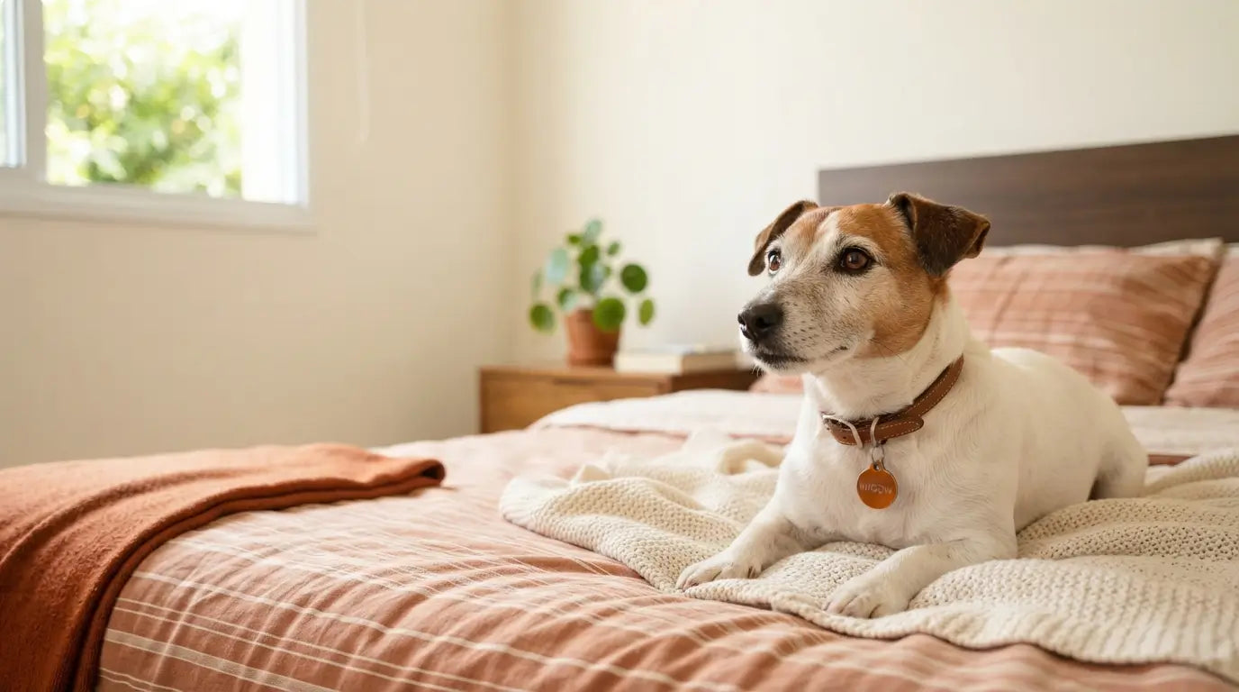 Cachorro idoso deitado sobre a cama em um quarto aconchegante, descansando com conforto.