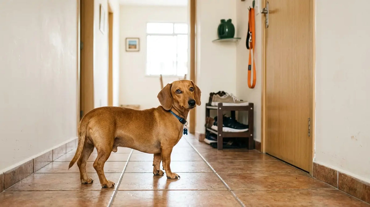 Dachshund caramelo em corredor de casa enquanto seu jeito de andar é observado com atenção.