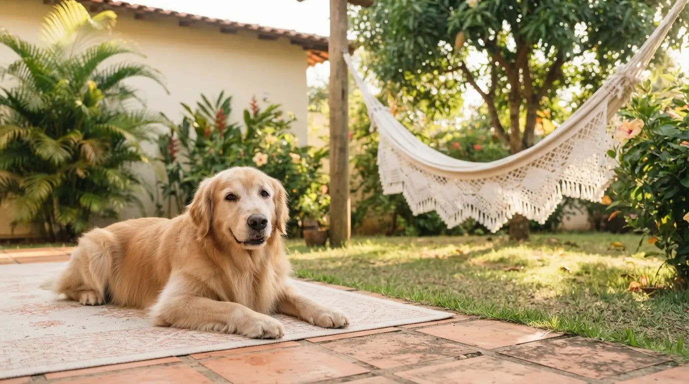 Golden Retriever deitado sobre um tapete no quintal, com rede de descanso, jardim e árvores ao fundo.