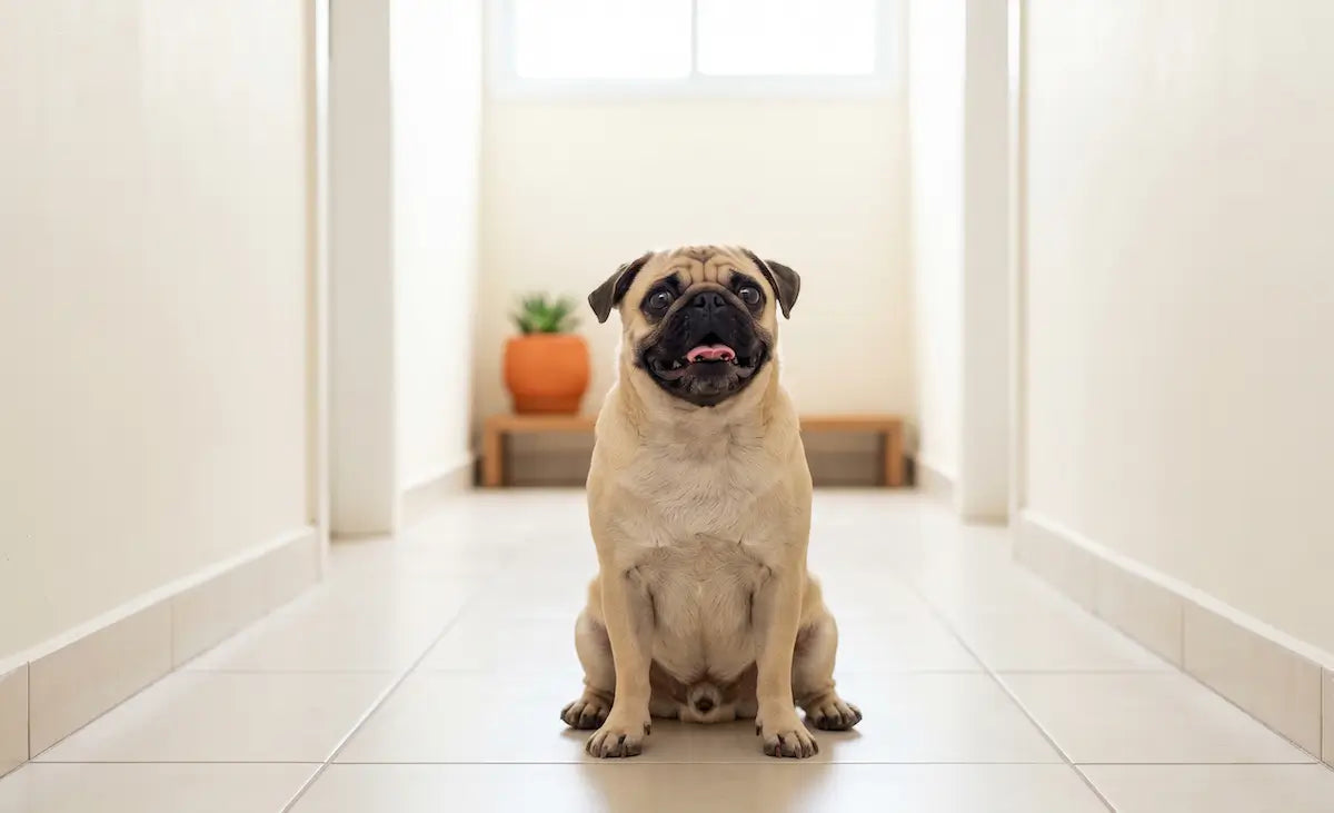 Pug fawn sentado em corredor claro de apartamento brasileiro, boca levemente aberta, expressão tranquila, luz natural ao fundo.