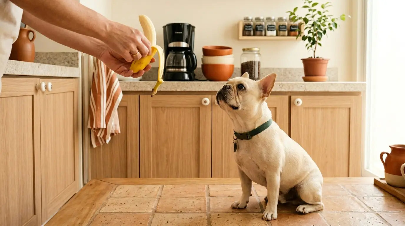 French Bulldog olhando esperançoso enquanto pais de pet descascam banana na cozinha