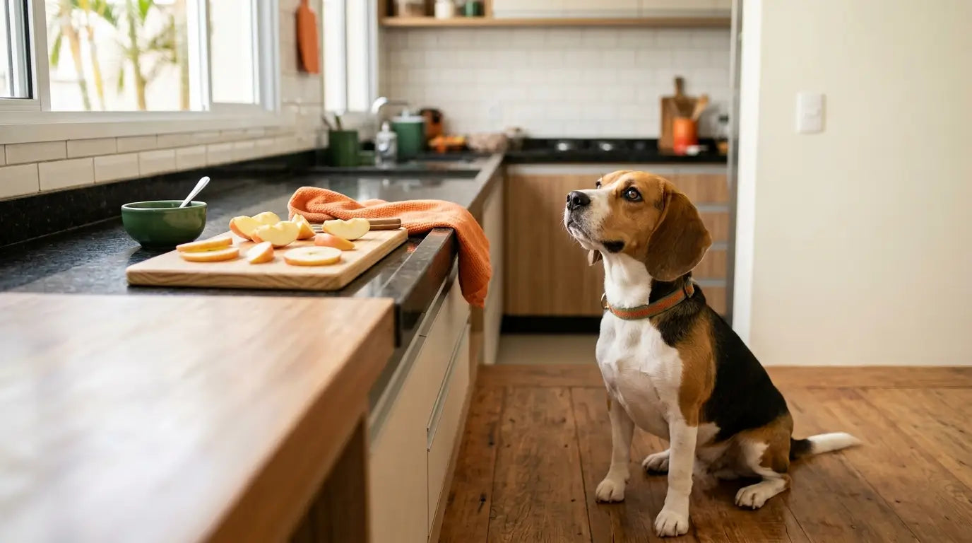 Beagle tricolor olha atento para fatias de maçã sobre bancada da cozinha