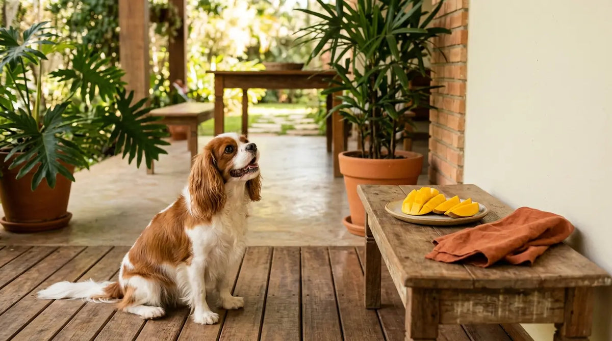 Cavalier King Charles observa manga fresca em ambiente doméstico brasileiro
