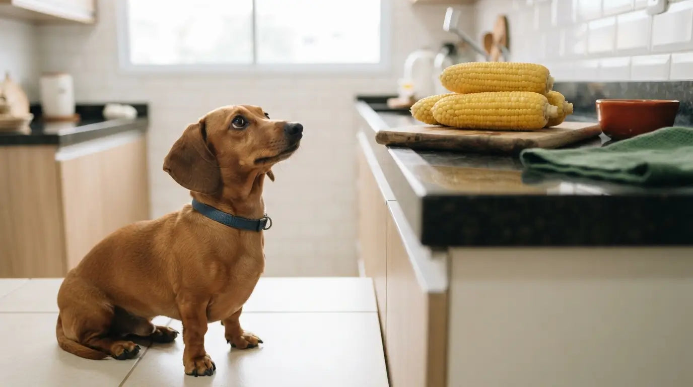 Dachshund observa milho cozido sobre a bancada da cozinha