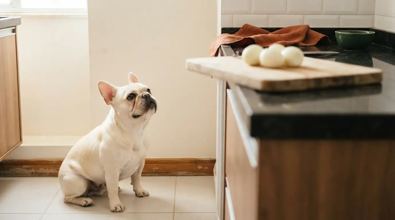 French Bulldog observa ovos cozidos na cozinha, alimento seguro na rotina canina