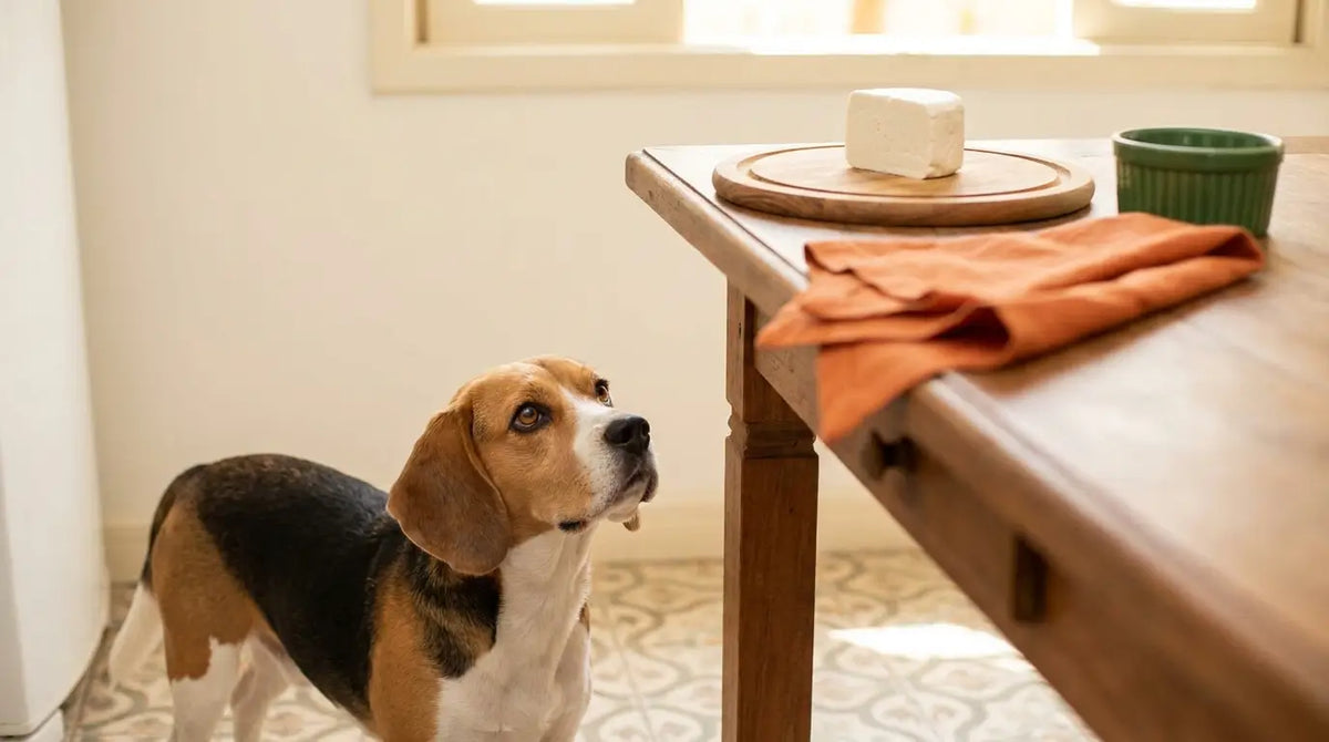 Beagle observa com curiosidade um pedaço de queijo branco sobre a mesa