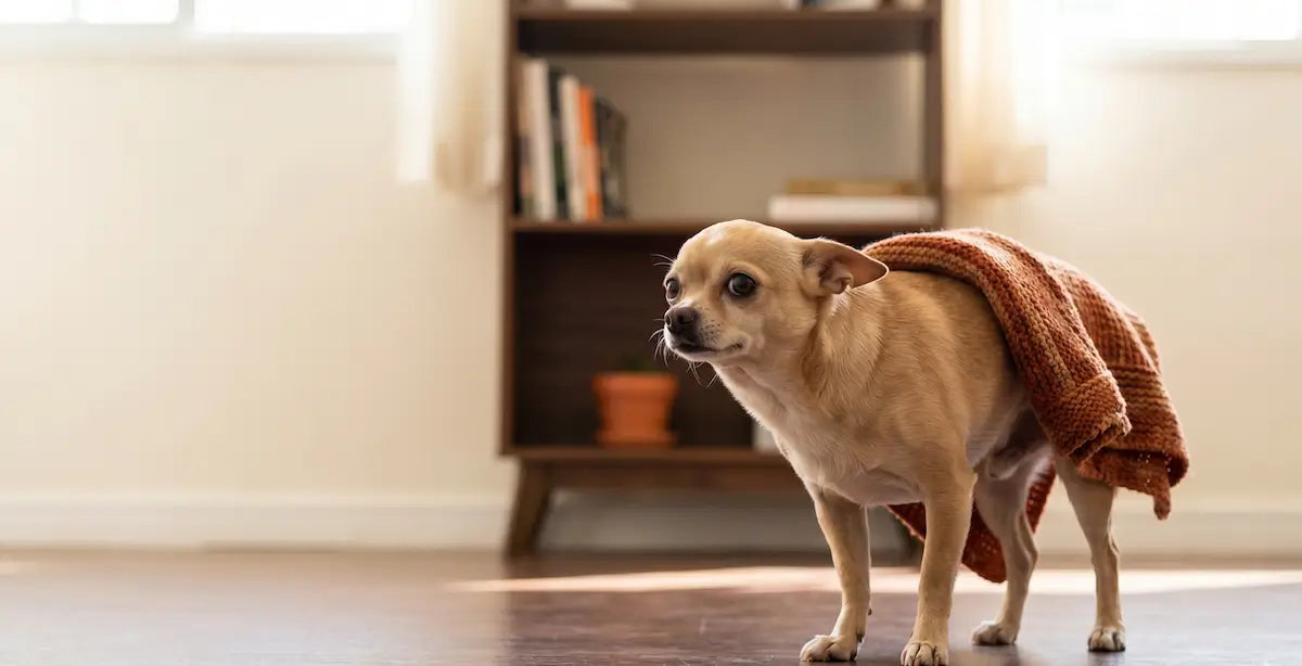 Chihuahua fawn em piso escuro com cobertor laranja sobre o dorso, olhar direcionado para cima, postura baixa e expressão suave.