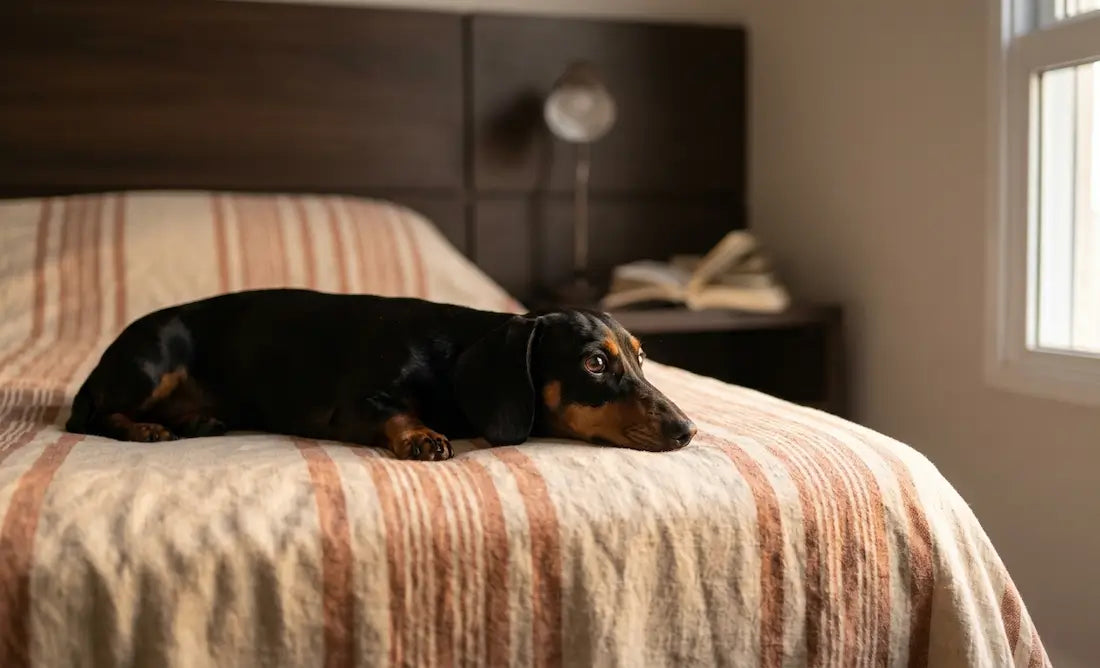 Dachshund preto e caramelo deitado sozinho em cama com roupa de cama terracota, olhar direcionado à janela iluminada, clima intimista.