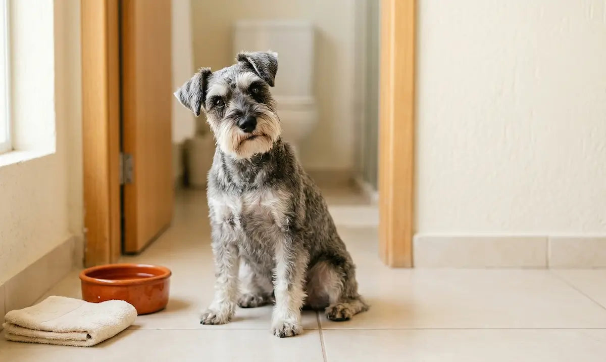 Schnauzer Miniatura sal e pimenta sentado em piso de cerâmica claro, tigela laranja ao lado, porta de banheiro desfocada ao fundo.