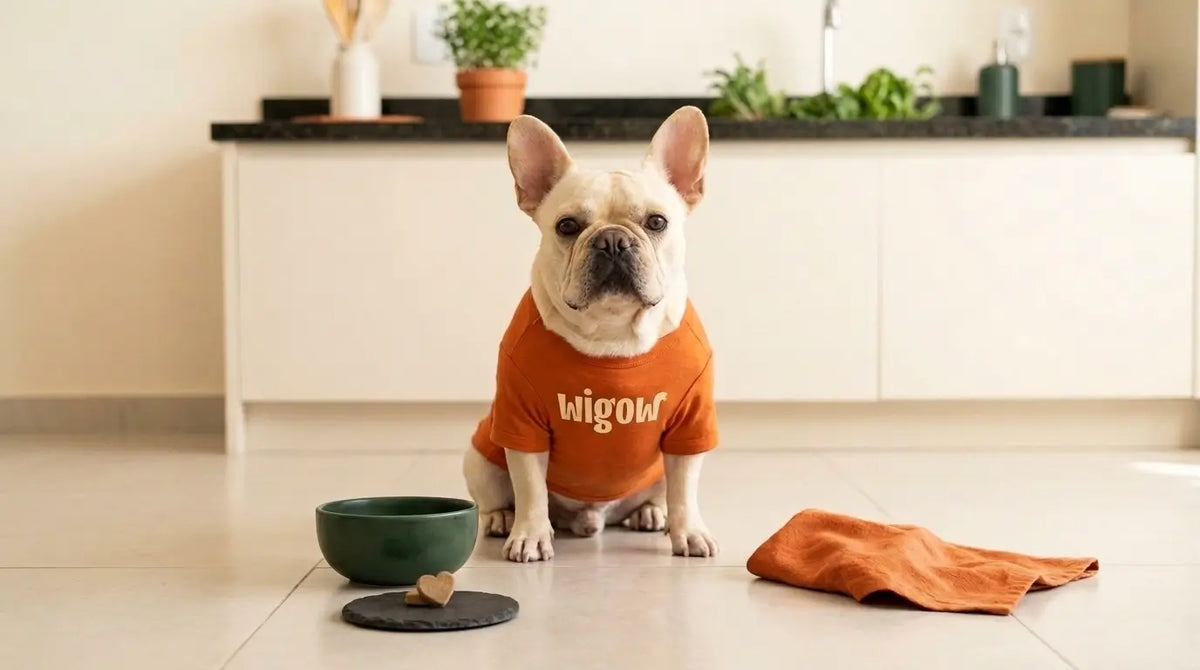 French Bulldog com camiseta Wigow ao lado de suplemento coração e salmão fresco