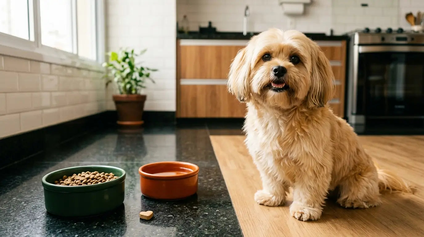 Lhasa Apso dourado sentado em tapete geométrico terracota, suplemento coração sobre ardósia e tigela verde desfocados ao lado, luz matinal quente.