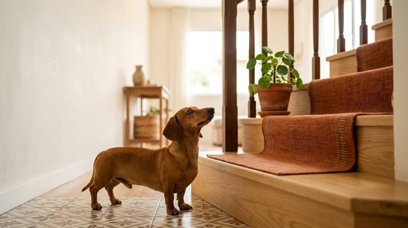 Dachshund caramelo parado no início da escada, observando os degraus com atenção.