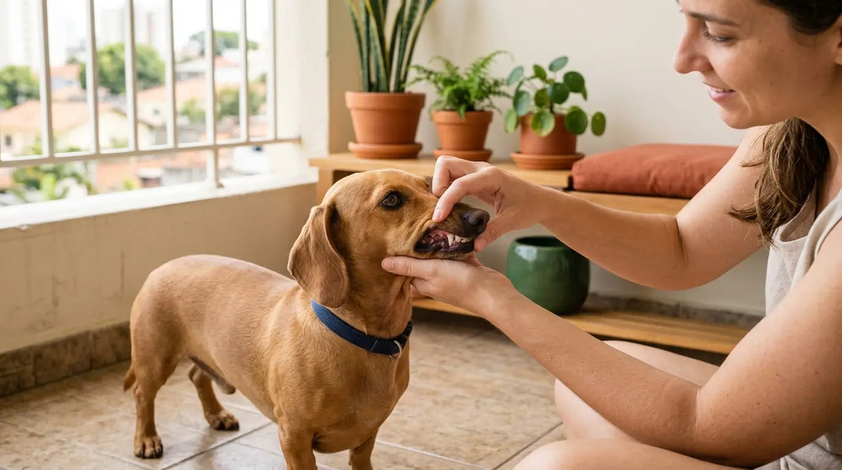 Tutor observa delicadamente a boca de um dachshund durante cuidado preventivo com a saúde bucal.