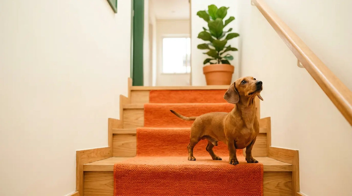 Cachorro dachshund subindo escada de casa com disposição e energia