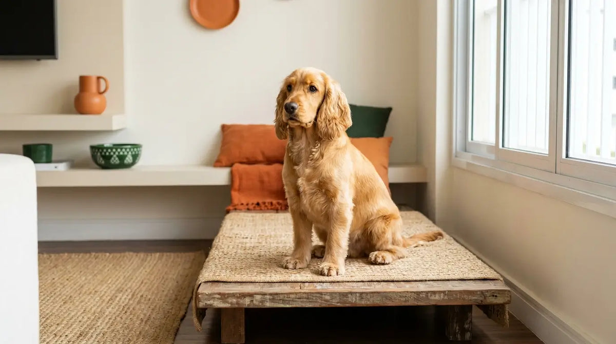 Cocker Spaniel dourado saudável e atento em ambiente aconchegante e iluminado
