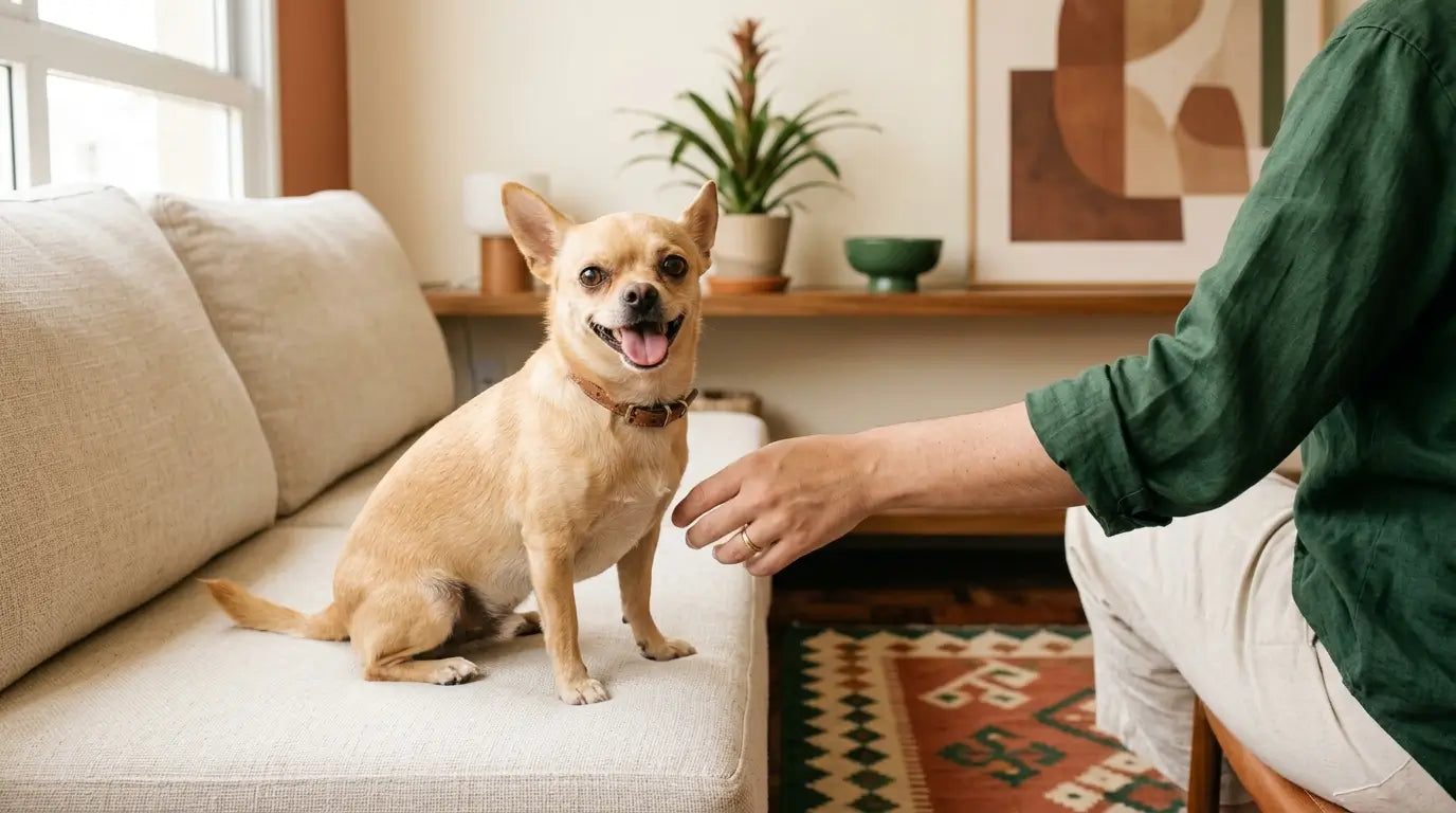 Pinscher Miniatura faz pausa cautelosa antes de subir a escada de casa