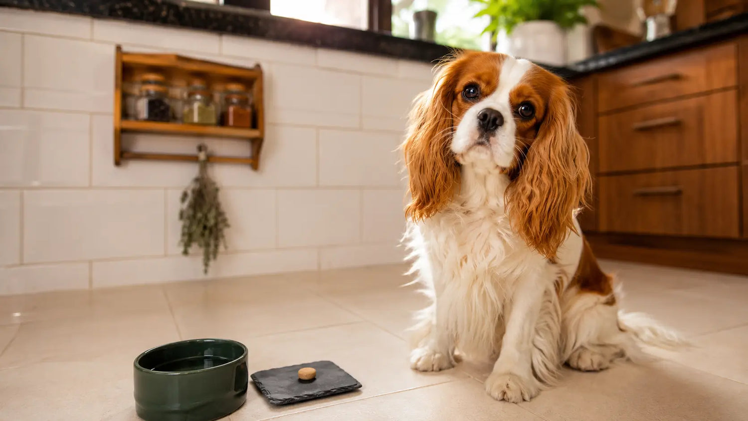 Cavalier King Charles Spaniel sentado em cozinha brasileira com piso de cerâmica, suplemento sobre ardósia e tigela verde desfocados ao lado.