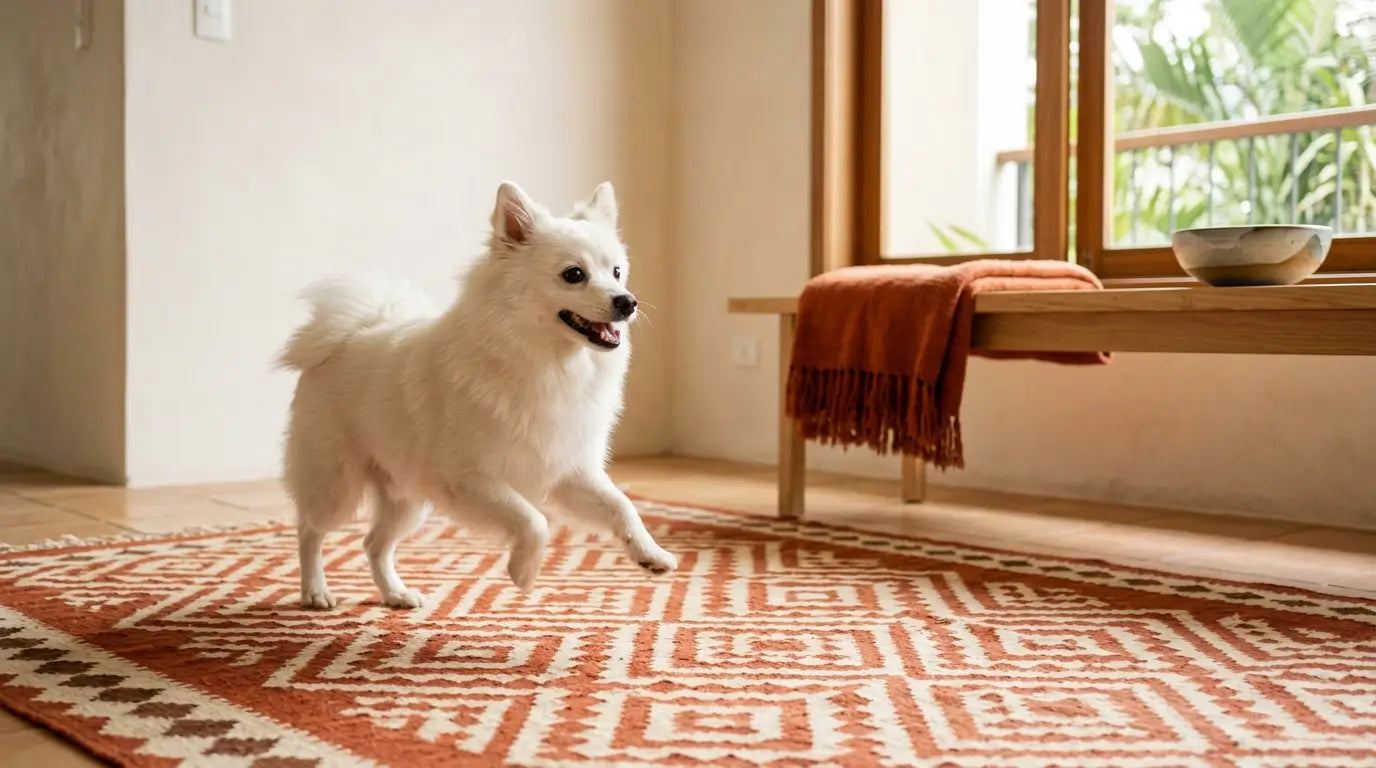 Spitz Alemão branco saudável se movimentando com energia na sala de estar