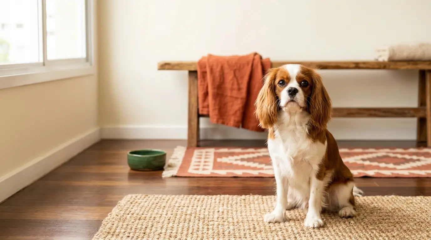 Cavalier King Charles Spaniel saudável e atento sentado em tapete de juta em sala de estar brasileira com luz natural