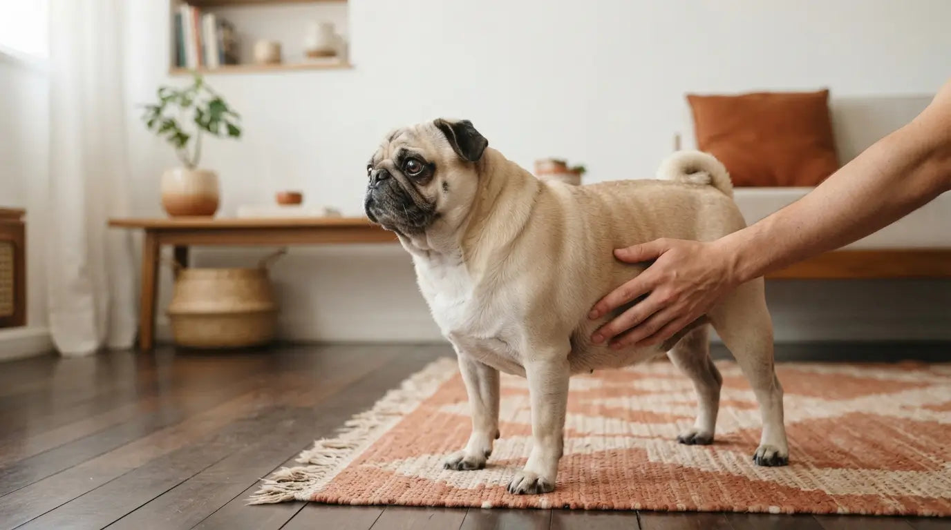 Pug acima do peso sendo observado com carinho, atenção ao escore corporal