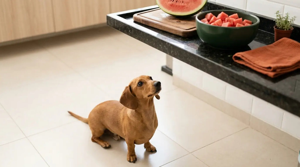 Dachshund caramelo na cozinha olhando para a bancada com uma fatia de melancia e um pote de cubos da fruta