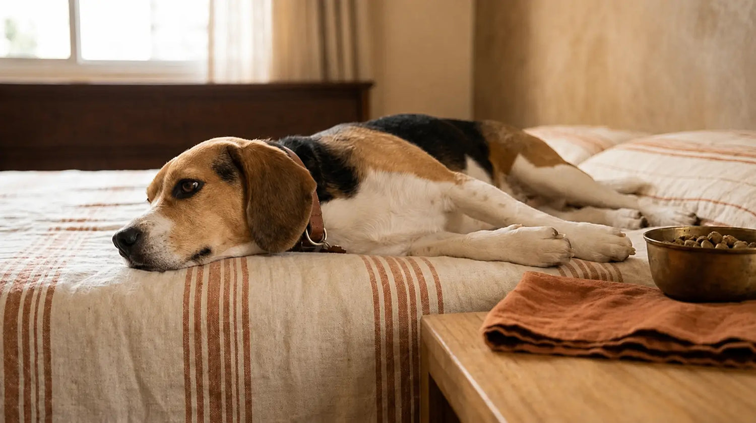 Beagle tricolor deitado em cama com roupa de cama terracota
