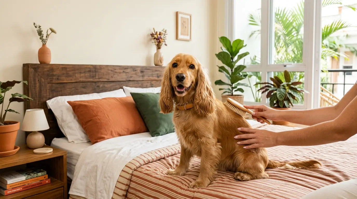 Cocker Spaniel dourado sendo escovado com carinho na cama, luz da tarde no quarto