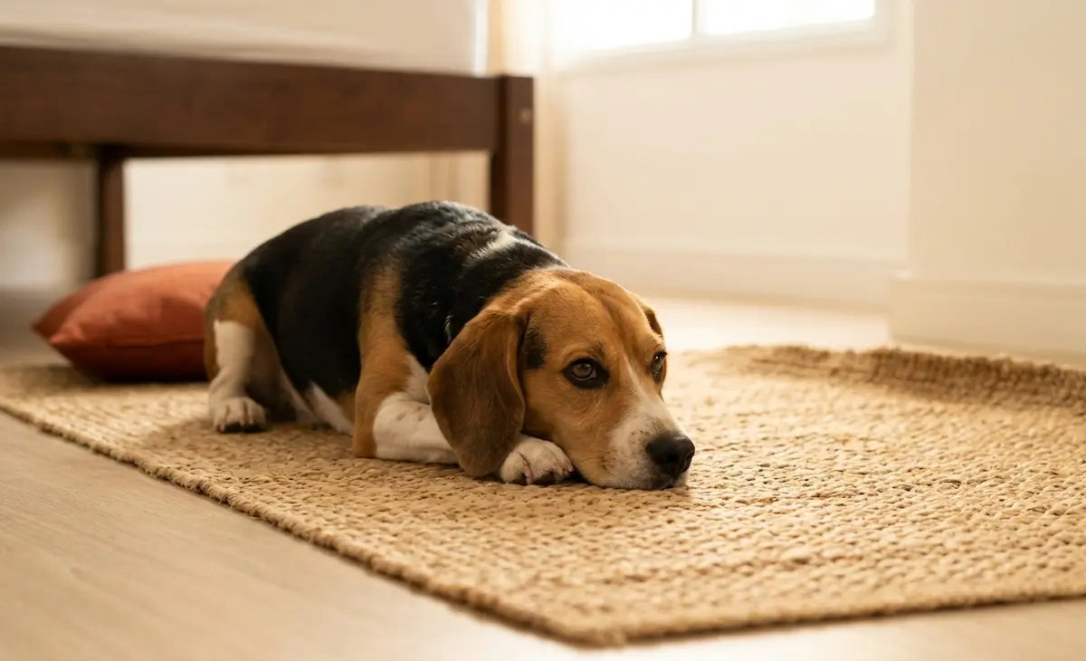 Beagle tricolor deitado em tapete de juta com olhar distante para fora do quadro, almofada laranja desfocada ao lado, luz natural aconchegante.