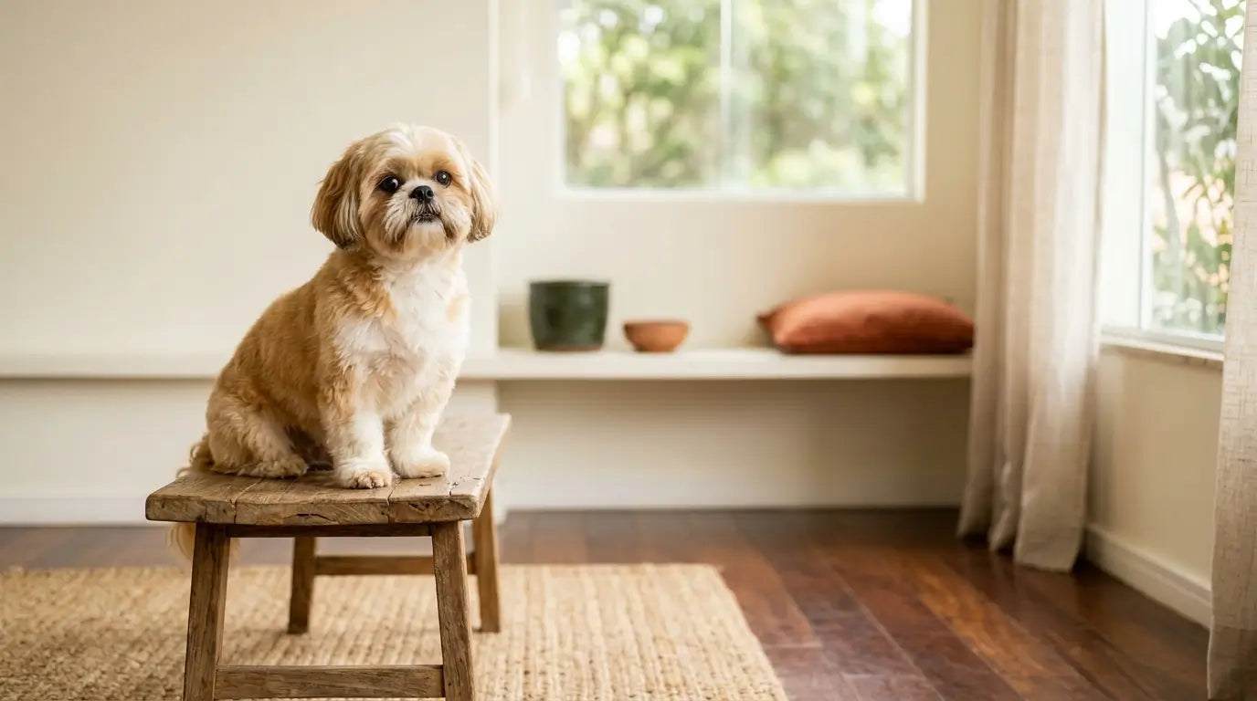 Shih Tzu dourado e branco atento e tranquilo em ambiente doméstico brasileiro