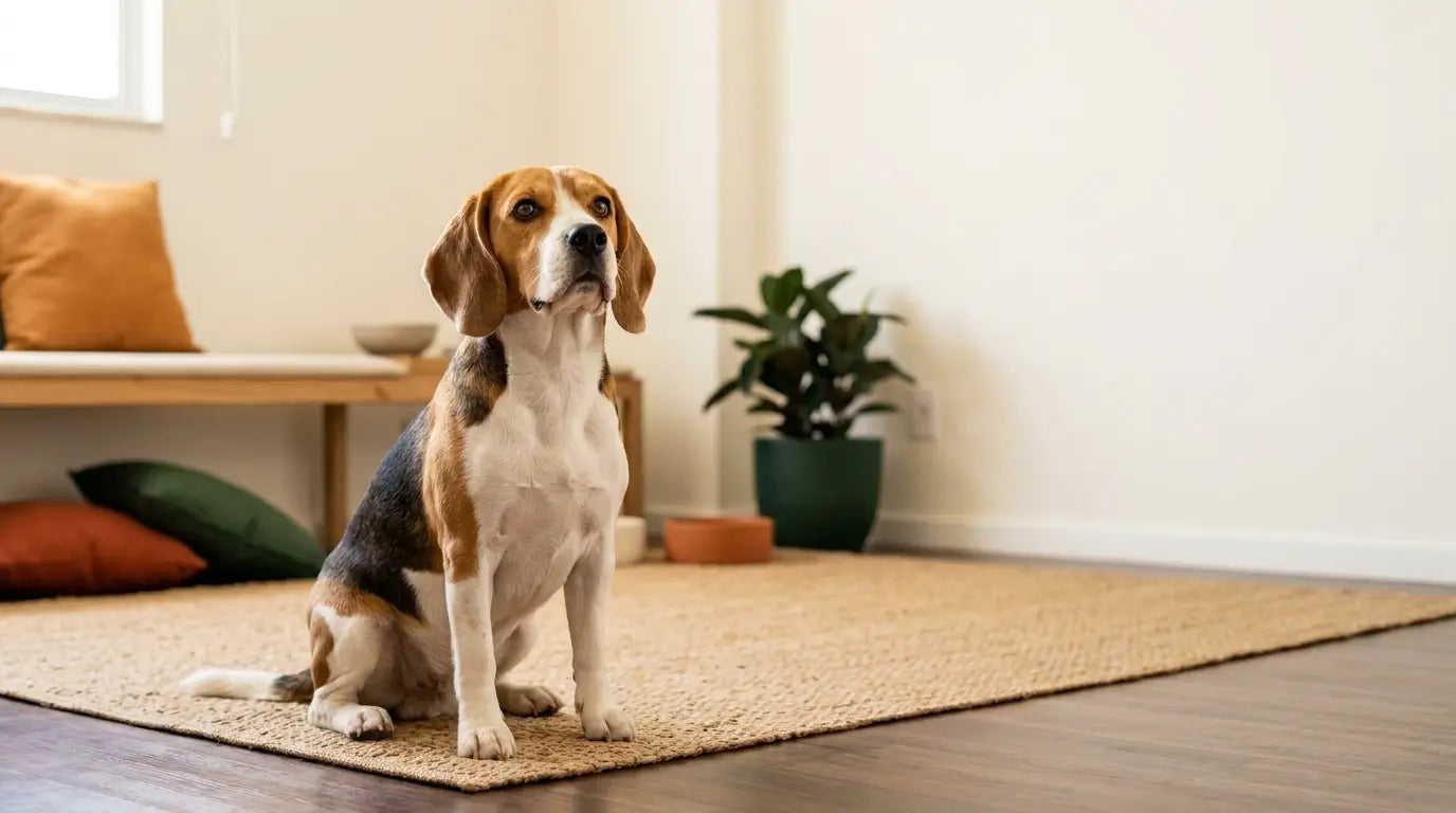 Beagle tricolor saudável sentado em tapete de juta em sala brasileira com almofada laranja ao fundo