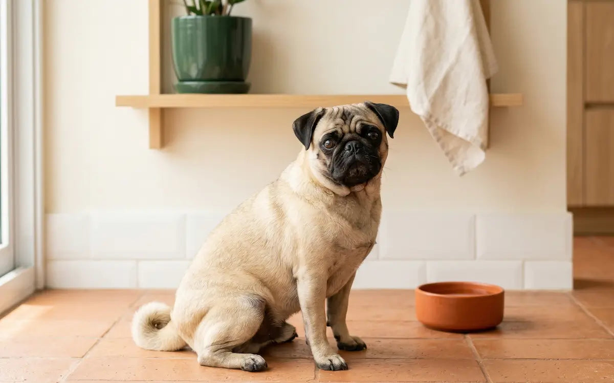 Pug pequeno sentado em piso de cerâmica, olhar atento e calmo, ambiente doméstico brasileiro aconchegante.