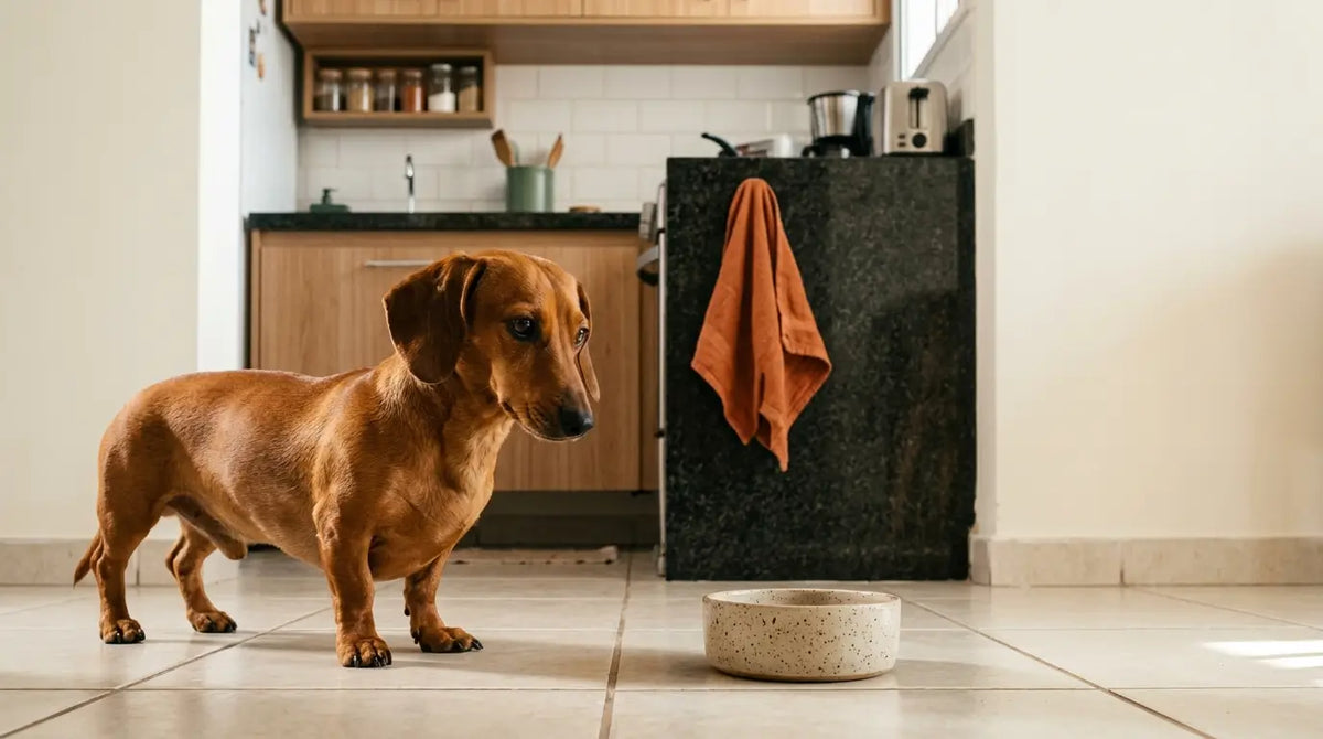 Cachorro Dachshund caramelo observa sua refeição em cozinha iluminada, representando uma rotina de alimentação equilibrada.