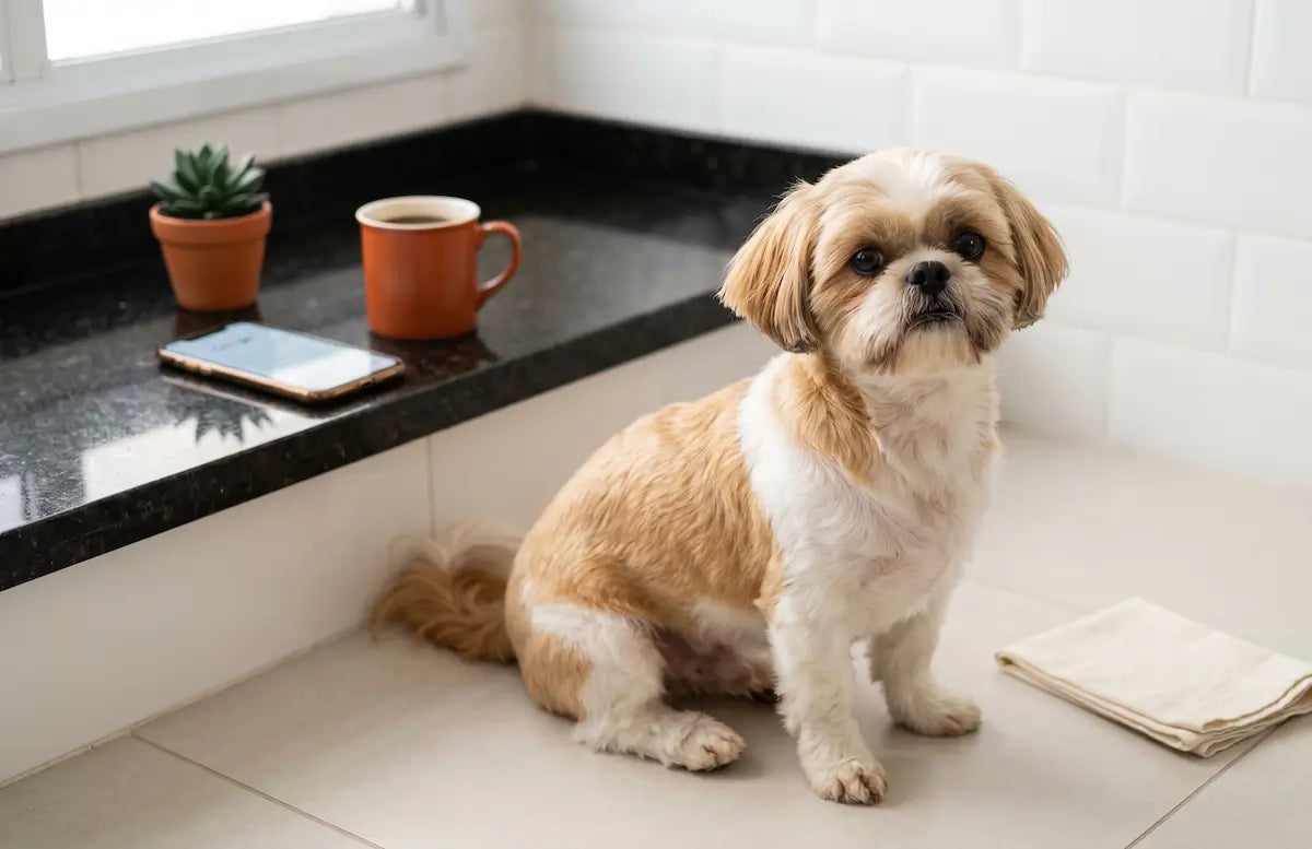 Shih Tzu dourado e branco sentado em cozinha brasileira, celular aceso e caneca laranja desfocados ao fundo, luz de manhã cedo.