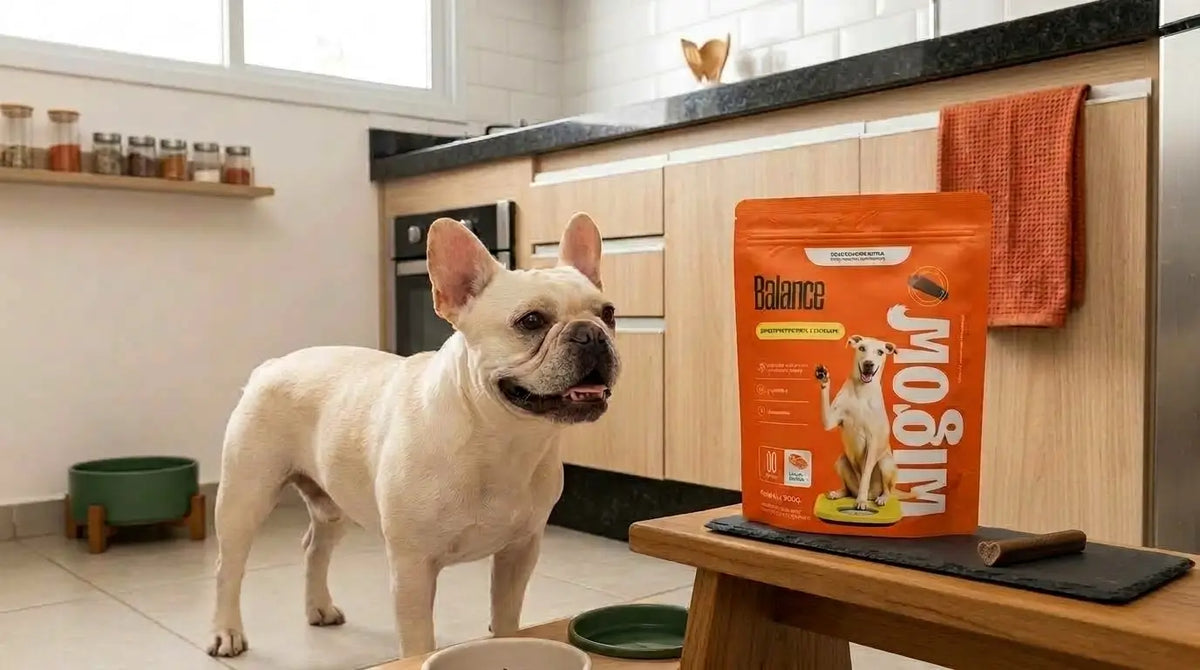Bulldog francês saudável ao lado de suplemento sólido e comedouro em cozinha brasileira.